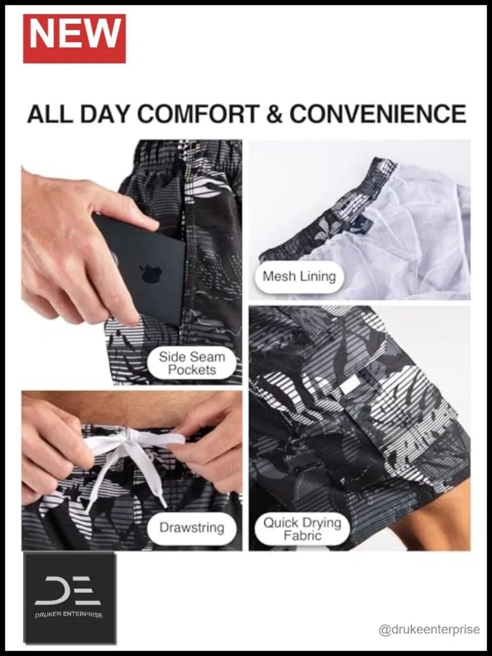 UPF 50+ Quick Dry Microfiber Swim Trunks with Mesh Lining
